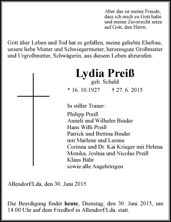 Traueranzeige von Lydia Preiß von Gießener Allgemeine, Alsfelder Allgemeine