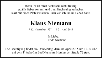 Traueranzeige von Klaus Niemann von Wetterauer Zeitung, Wetterauer Zeitung