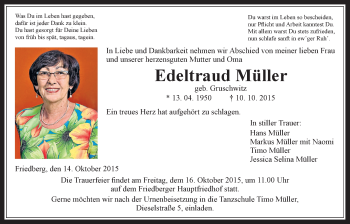 Traueranzeige von Edeltraud Müller von Wetterauer Zeitung, Wetterauer Zeitung