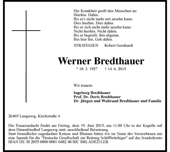 Traueranzeige von Werner Bredthauer von Wetterauer Zeitung, Wetterauer Zeitung