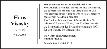 Traueranzeige von Hans Visosky von Gießener Allgemeine, Alsfelder Allgemeine