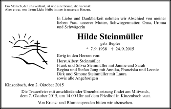 Traueranzeige von Hilde Steinmüller von Gießener Allgemeine, Alsfelder Allgemeine