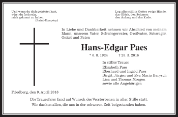 Traueranzeige von Hans-Edgar Paes von Wetterauer Zeitung, Wetterauer Zeitung