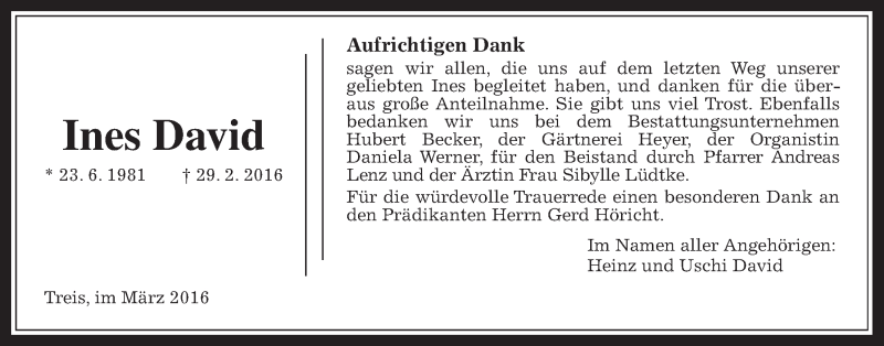  Traueranzeige für Ines David vom 19.03.2016 aus Gießener Allgemeine, Alsfelder Allgemeine