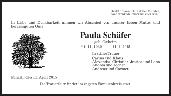 Traueranzeige von Paula Schäfer von Wetterauer Zeitung, Wetterauer Zeitung