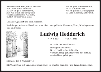 Traueranzeige von Ludwig Hedderich von Alsfelder Allgemeine