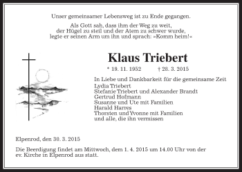 Traueranzeige von Klaus Triebert von Gießener Allgemeine, Alsfelder Allgemeine, Alsfelder Allgemeine