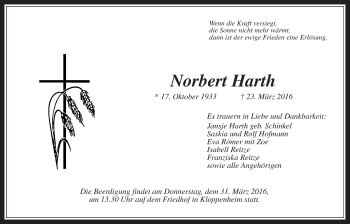 Traueranzeige von Norbert Harth von Wetterauer Zeitung, Wetterauer Zeitung