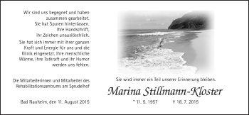 Traueranzeige von Marina Stillmann-Kloster von Wetterauer Zeitung, Wetterauer Zeitung