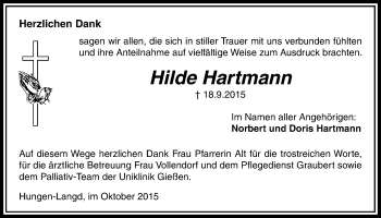 Traueranzeige von Hilde Hartmann von Licher Wochenblatt, Licher Wochenblatt, Licher Wochenblatt