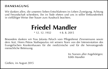 Traueranzeige von Friedel Mandler von Gießener Allgemeine, Alsfelder Allgemeine