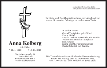 Traueranzeige von Anna Kolberg von Wetterauer Zeitung, Wetterauer Zeitung