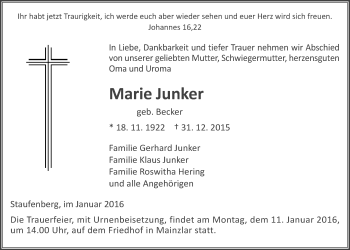 Traueranzeige von Marie Junker von Gießener Allgemeine, Alsfelder Allgemeine