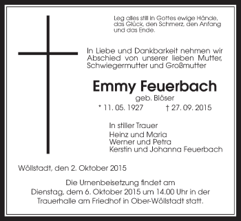 Traueranzeige von Emmy Feuerbach von Wetterauer Zeitung, Wetterauer Zeitung