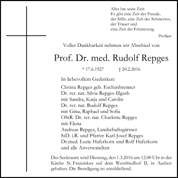 Traueranzeige von Rudolf Repges von Gießener Allgemeine, Alsfelder Allgemeine, Wetterauer Zeitung, Wetterauer Zeitung