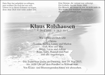 Traueranzeige von Klaus Rolshausen von Gießener Allgemeine, Alsfelder Allgemeine