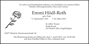 Traueranzeige von Emmi Hödl-Roth von Wetterauer Zeitung, Wetterauer Zeitung