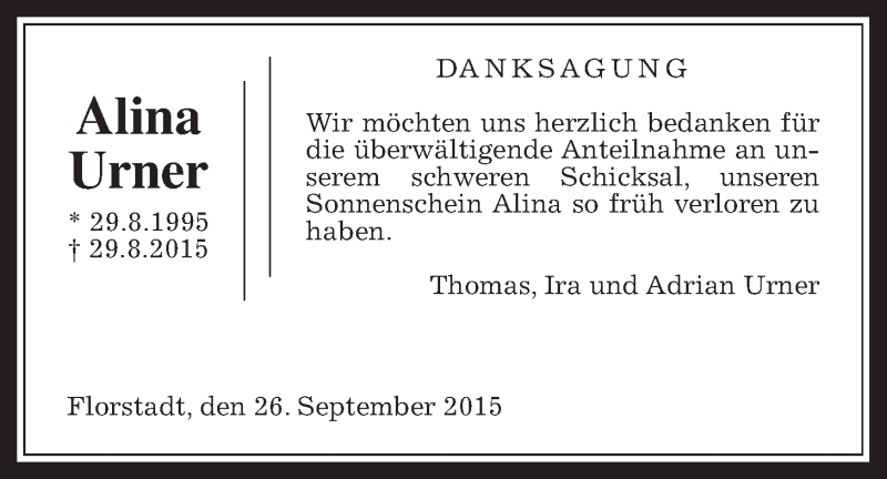  Traueranzeige für Alina Urner vom 26.09.2015 aus Wetterauer Zeitung, Wetterauer Zeitung