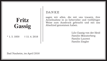 Traueranzeige von Fritz Gassig von Wetterauer Zeitung, Wetterauer Zeitung