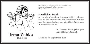 Traueranzeige von Irma Zabka von Wetterauer Zeitung, Wetterauer Zeitung