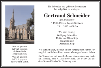 Traueranzeige von Gertraud Schneider von Gießener Allgemeine, Alsfelder Allgemeine