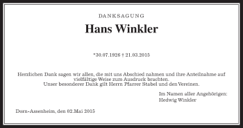 Traueranzeige von Hans Winkler von Wetterauer Zeitung, Wetterauer Zeitung