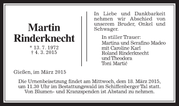 Traueranzeige von Martin Rinderknecht von Gießener Allgemeine, Alsfelder Allgemeine