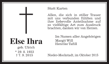 Traueranzeige von Else Ihra von Wetterauer Zeitung, Wetterauer Zeitung