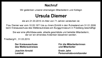 Traueranzeige von Ursula Diemer von Wetterauer Zeitung, Wetterauer Zeitung