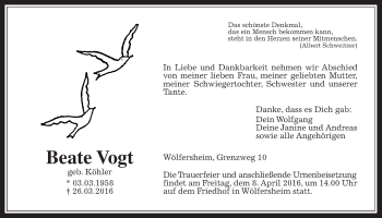 Traueranzeige von Beate Vogt von Wetterauer Zeitung, Wetterauer Zeitung