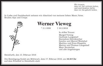 Traueranzeige von Werner Vieweg von Wetterauer Zeitung, Wetterauer Zeitung