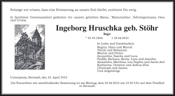 Traueranzeige von Ingeborg Hruschka von Wetterauer Zeitung, Wetterauer Zeitung