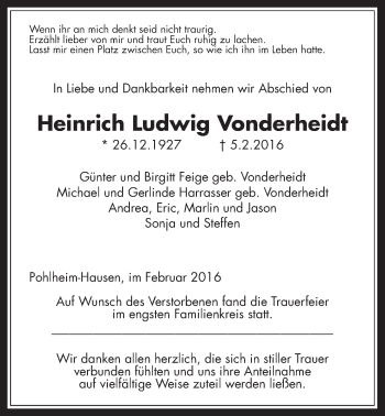 Traueranzeige von Heinrich Ludwig Vonderheidt von Gießener Allgemeine, Alsfelder Allgemeine