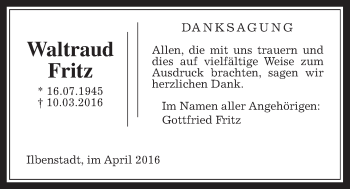 Traueranzeige von Waltraud Fritz von Wetterauer Zeitung, Wetterauer Zeitung