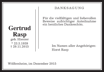 Traueranzeige von Gertrud Rasp von Wetterauer Zeitung, Wetterauer Zeitung