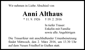 Traueranzeige von Anni Althaus von Gießener Allgemeine, Alsfelder Allgemeine