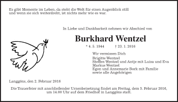 Traueranzeige von Burkhard Wentzel von Gießener Allgemeine, Alsfelder Allgemeine