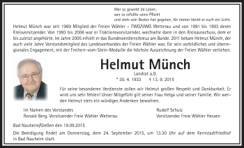 Traueranzeige von Helmut Münch von Wetterauer Zeitung, Wetterauer Zeitung, Gießener Allgemeine, Alsfelder Allgemeine, Wetterauer Zeitung, Wetterauer Zeitung