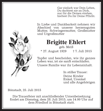 Traueranzeige von Brigitte Ehlert von Wetterauer Zeitung, Wetterauer Zeitung