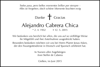 Traueranzeige von Alejandro Cabrera Chica von Gießener Allgemeine, Alsfelder Allgemeine