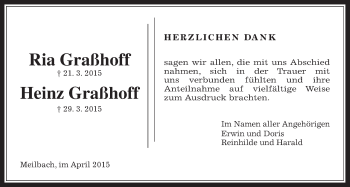 Traueranzeige von Ria und Heinz Graßhoff von Wetterauer Zeitung, Wetterauer Zeitung