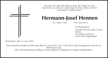 Traueranzeige von Hermann-Josef Hennen von Wetterauer Zeitung, Wetterauer Zeitung