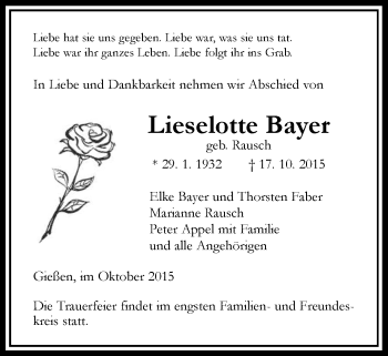 Traueranzeige von Lieselotte Bayer von Gießener Allgemeine, Alsfelder Allgemeine