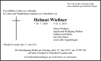 Traueranzeige von Helmut Wießner von Gießener Allgemeine, Alsfelder Allgemeine