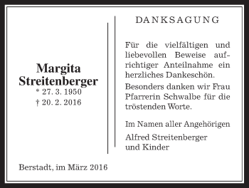 Traueranzeige von Margita Streitenberger von Wetterauer Zeitung, Wetterauer Zeitung