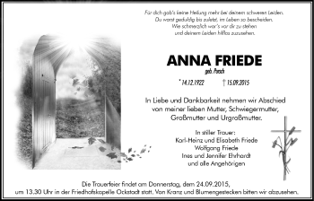 Traueranzeige von Anna Friede von Wetterauer Zeitung, Wetterauer Zeitung