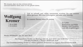 Traueranzeige von Wolfgang Kremer von Wetterauer Zeitung, Wetterauer Zeitung