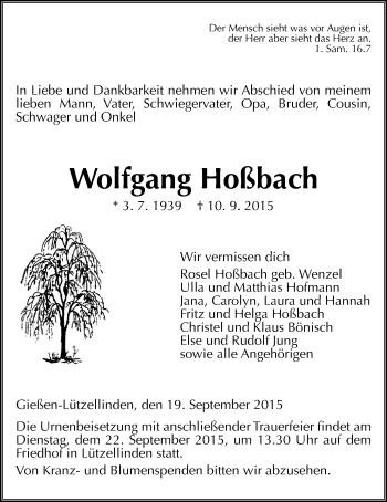 Traueranzeige von Wolfgang Hoßbach von Gießener Allgemeine, Alsfelder Allgemeine