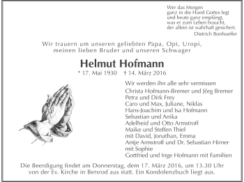 Traueranzeige von Helmut Hofmann von Gießener Allgemeine, Alsfelder Allgemeine