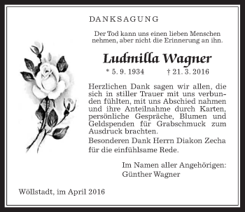 Traueranzeige von Ludmilla Wagner von Wetterauer Zeitung, Wetterauer Zeitung